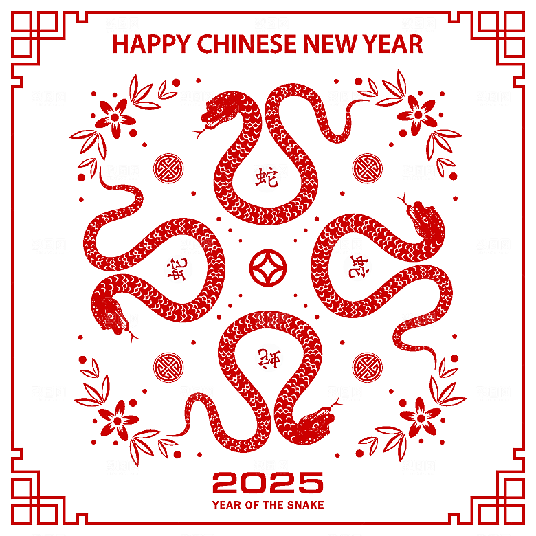 蛇年2025年新年春节红色中式蛇纹元素图