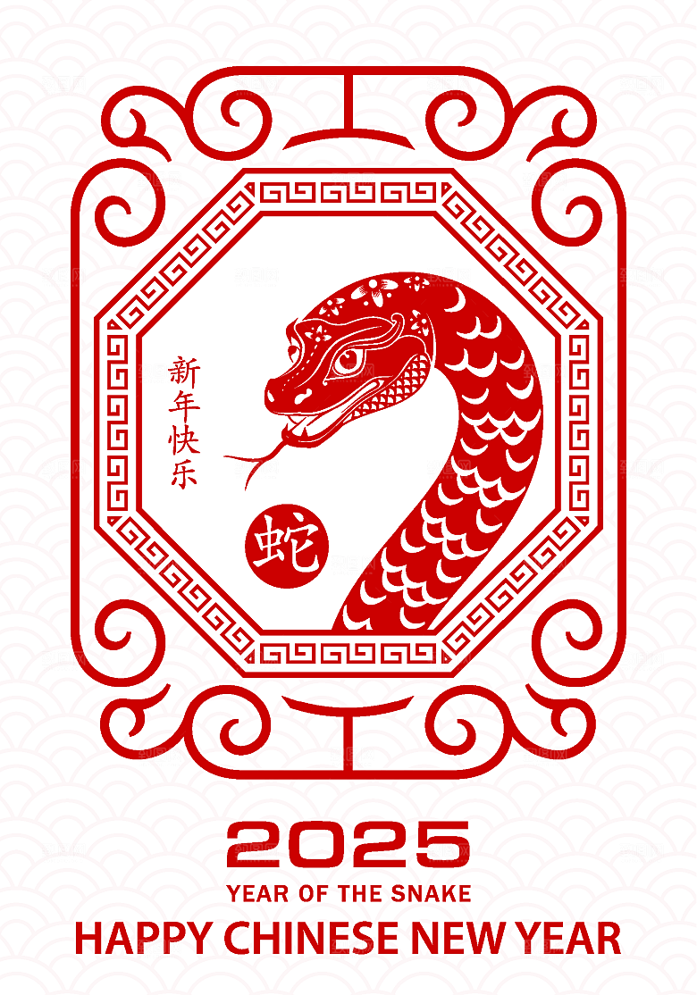 蛇年2025年新年春节红色中式蛇纹元素图