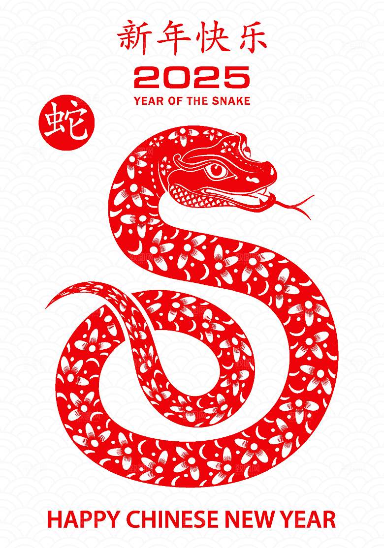 蛇年2025年新年春节红色中式蛇纹元素图