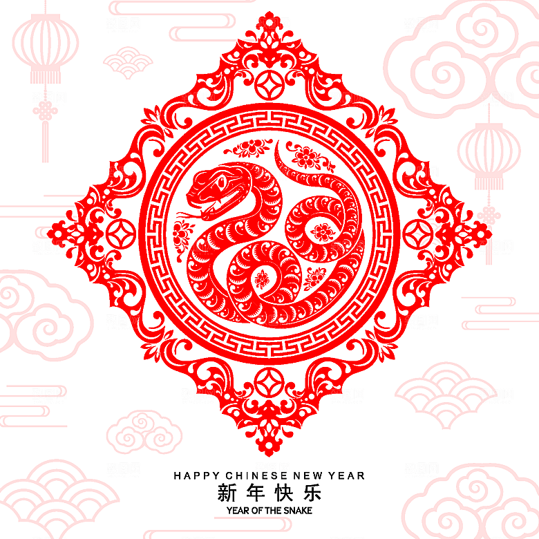蛇年2025年新年春节红色中式蛇纹元素图