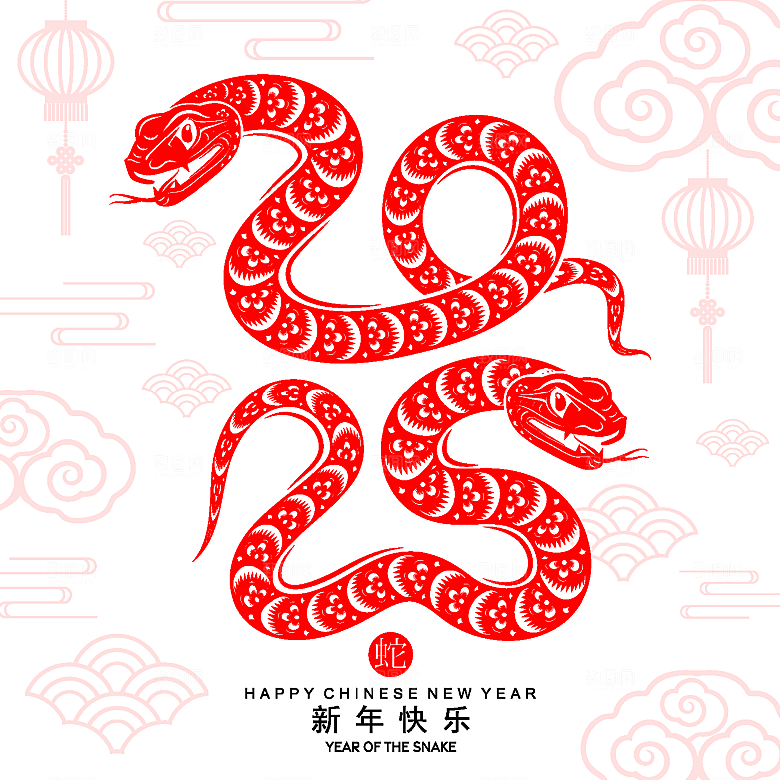 蛇年2025年新年春节红色中式蛇纹元素图