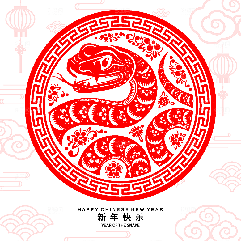 蛇年2025年新年春节红色中式蛇纹元素图