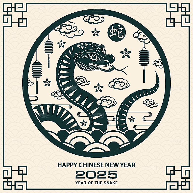 蛇年2025年新年春节中式蛇纹元素图
