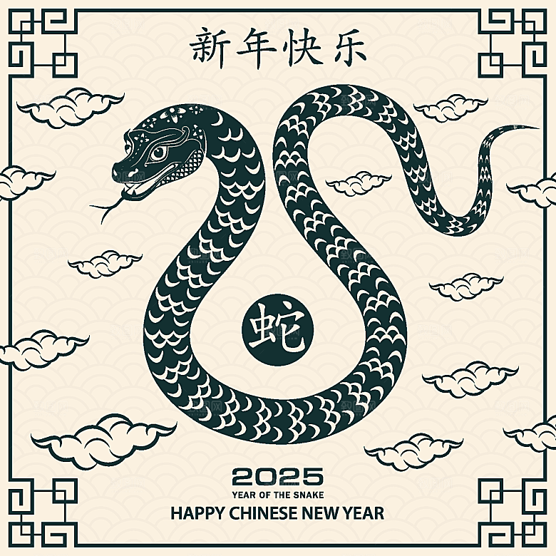 蛇年2025年新年春节中式蛇纹元素图