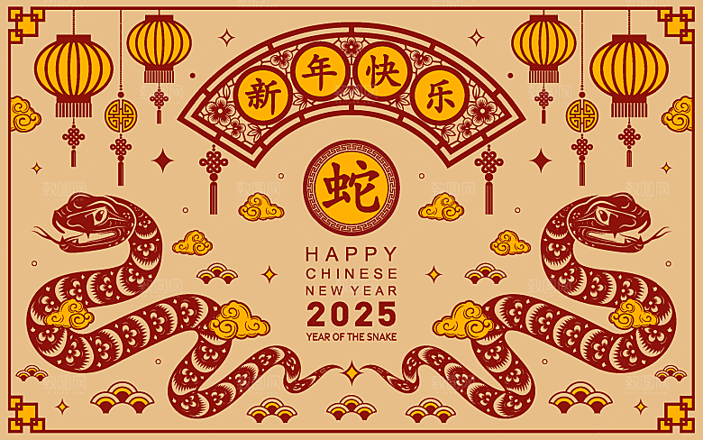 蛇年2025年新年春节中式蛇纹元素图