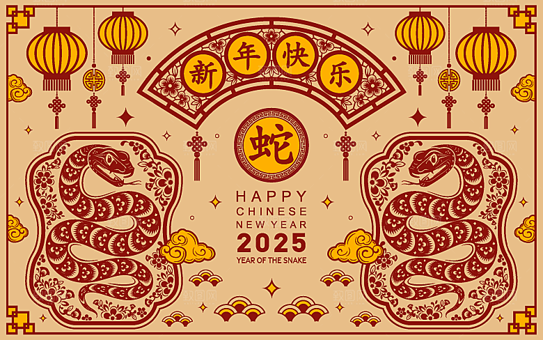 蛇年2025年新年春节中式蛇纹元素图