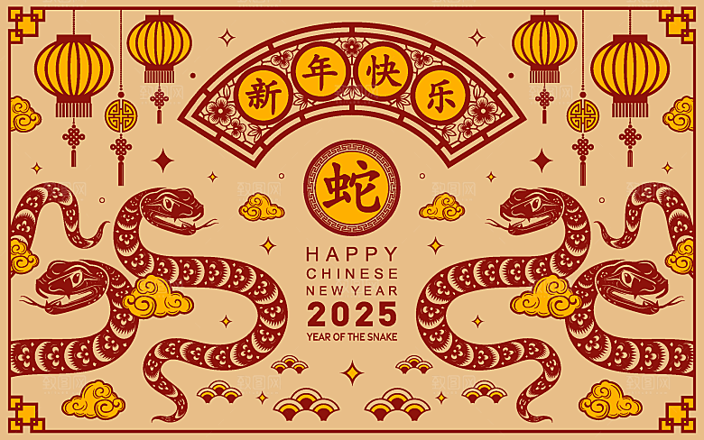 蛇年2025年新年春节中式蛇纹元素图