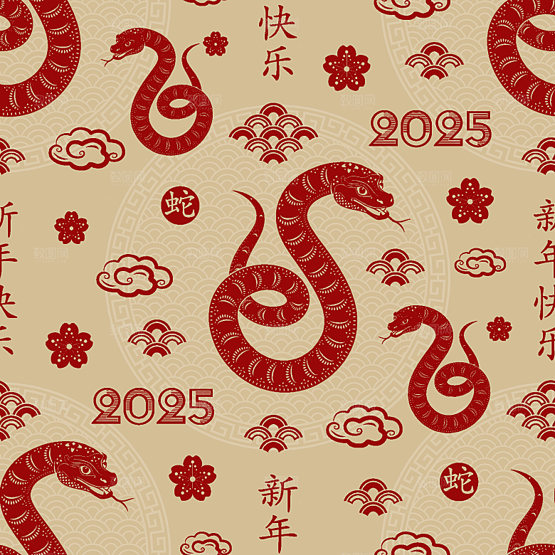 蛇年2025年新年春节中式蛇纹元素图