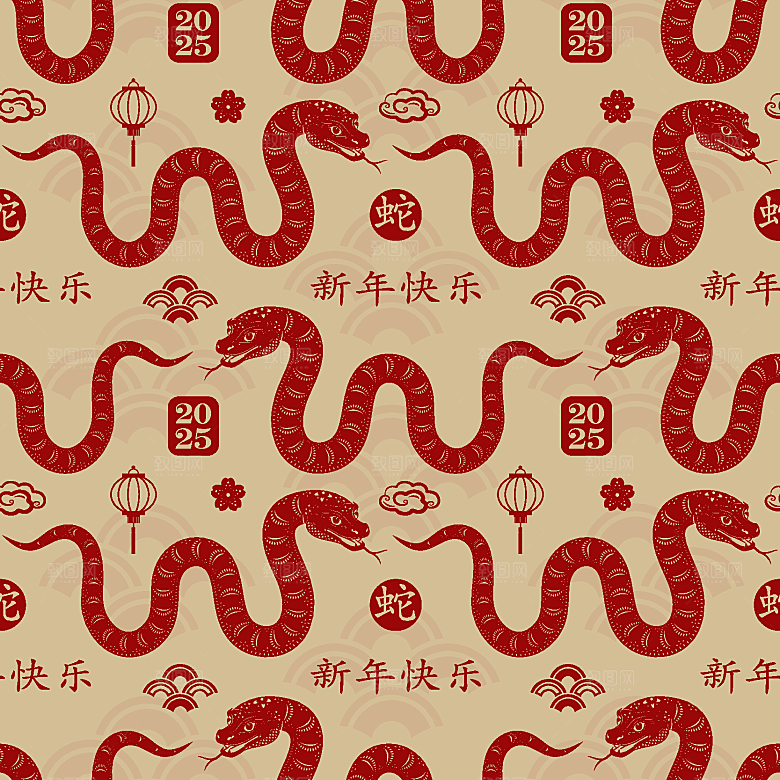 蛇年2025年新年春节中式蛇纹元素图