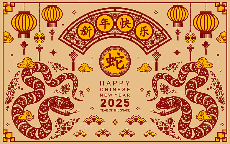 蛇年2025年新年春节中式蛇纹元素图