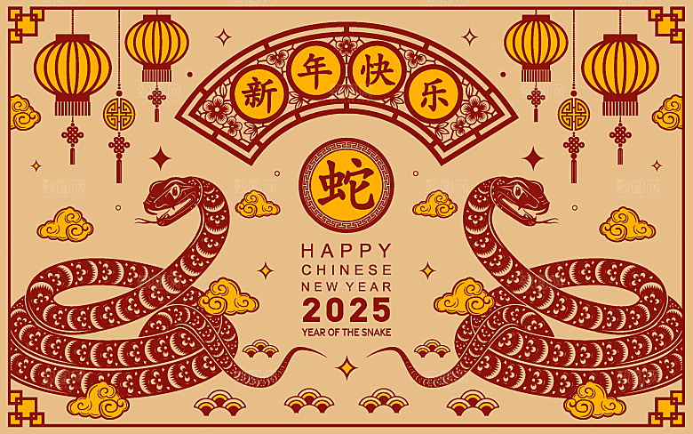 蛇年2025年新年春节中式蛇纹元素图