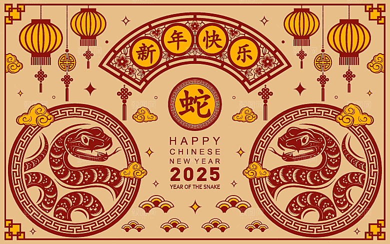 蛇年2025年新年春节中式蛇纹元素图