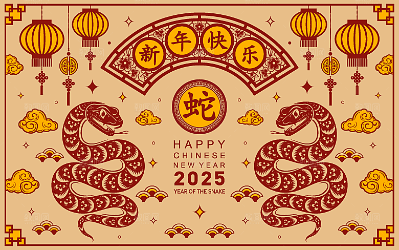 蛇年2025年新年春节中式蛇纹元素图