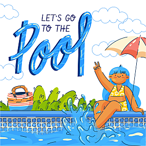 卡通手绘夏日夏季夏天人物游泳场景插画