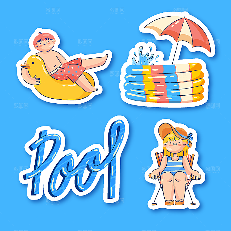 卡通手绘夏日夏季夏天人物游泳场景插画
