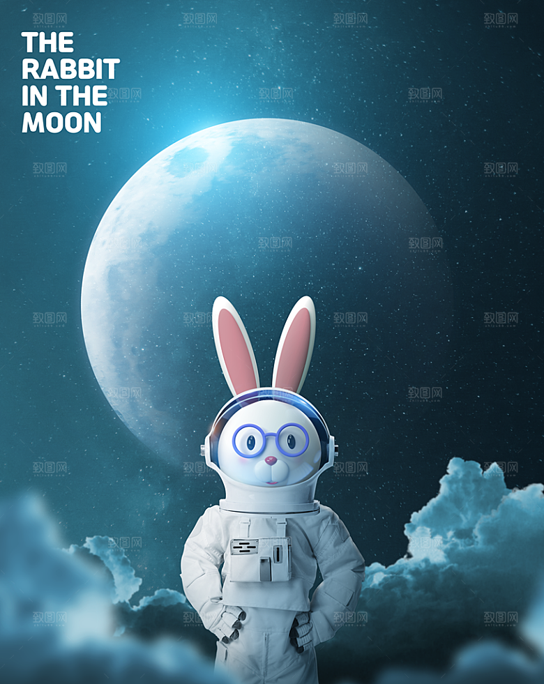 时尚玉兔宇航员月球月亮航空宇宙海报素材