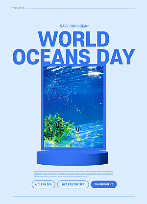 简约蓝色节约用水环保保护海洋生物海报