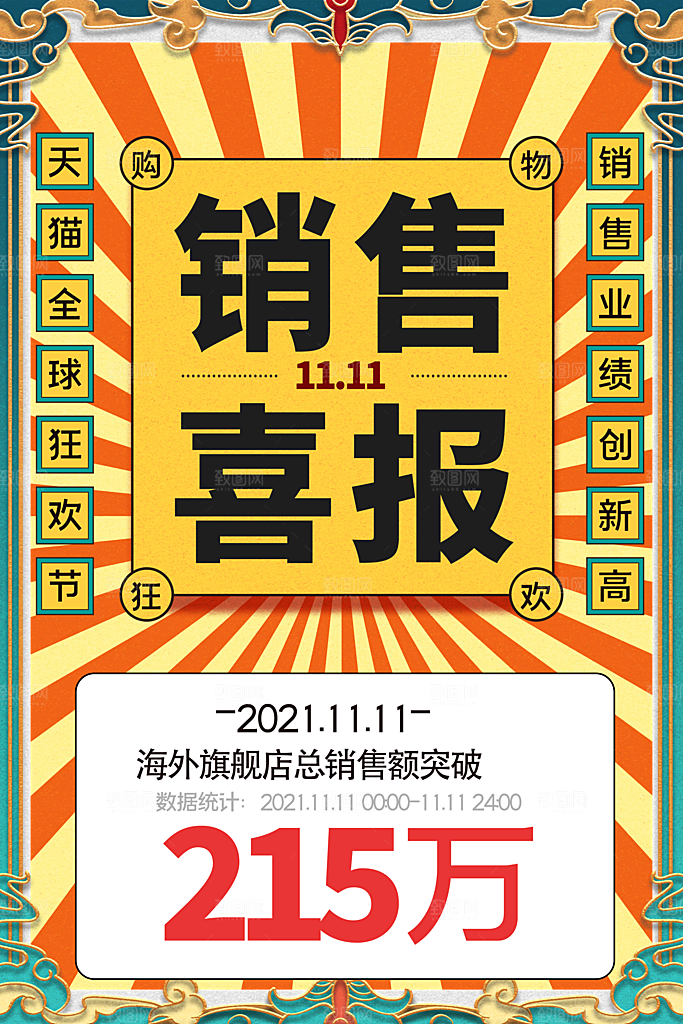 淘宝电商双11销售战报喜报海报