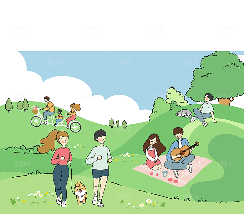潮流户外运动锻炼大自然场景扁平人物插画
