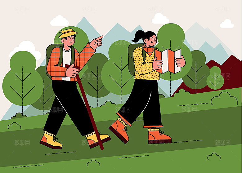 潮流户外运动锻炼大自然场景扁平人物插画