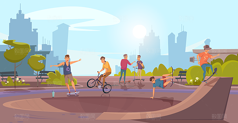 潮流户外运动锻炼大自然场景扁平人物插画