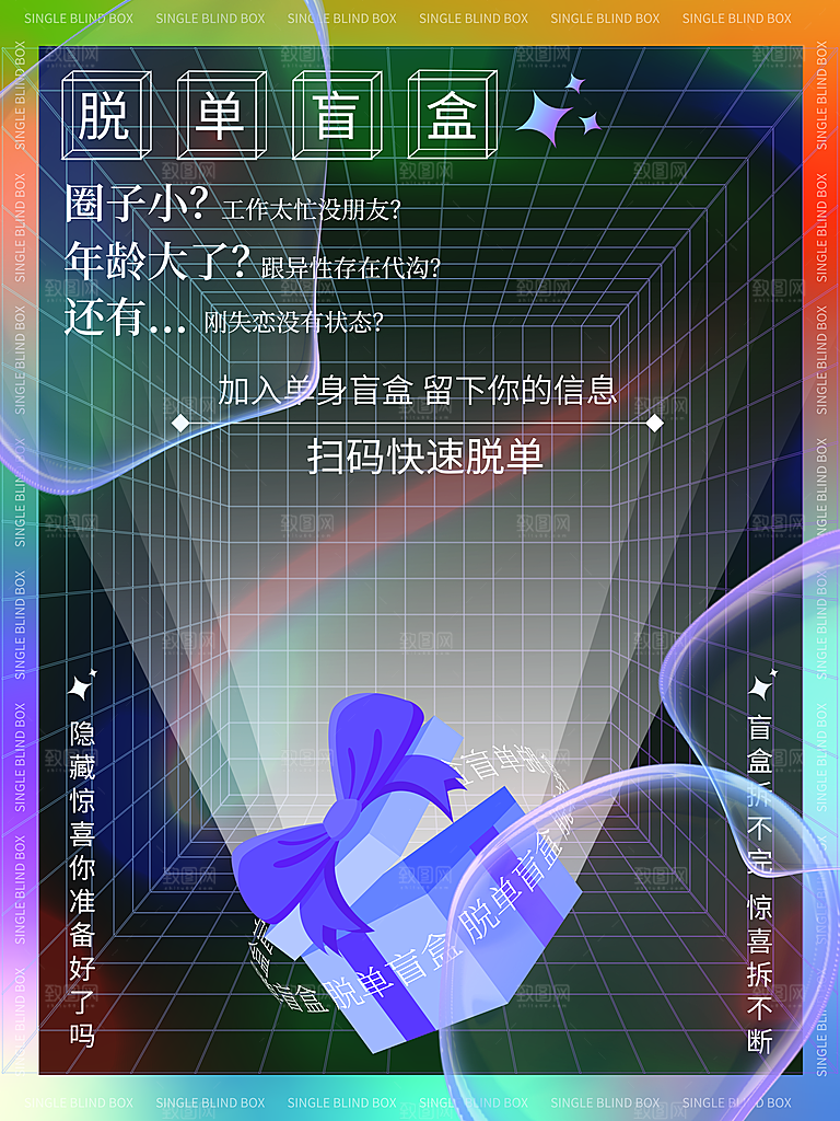 创意潮流酸性全息潮玩盲盒礼盒手办宣传海报