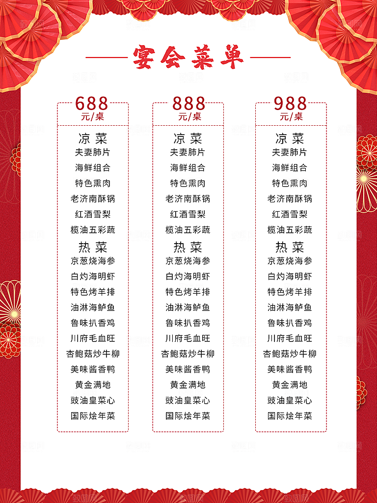 婚礼宴会菜单价目表