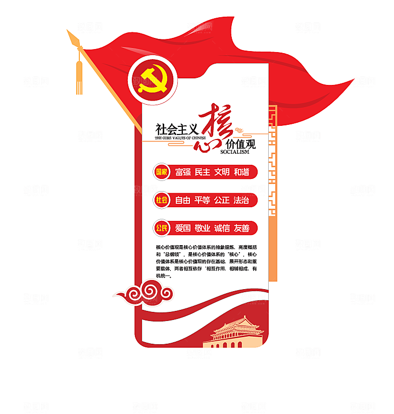 竖版红色国旗社会主义核心价值观文化墙