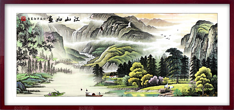 中国风古典山水国画装饰壁画墙贴玄关挂画