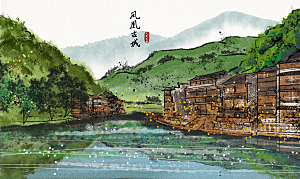 中国风古典山水国画装饰壁画墙贴玄关挂画