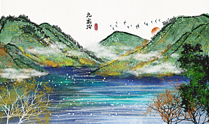 中国风古典山水国画装饰壁画墙贴玄关挂画