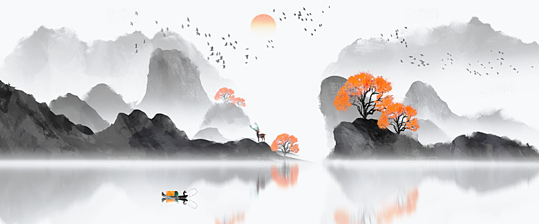 中国风古典山水国画装饰壁画墙贴玄关挂画