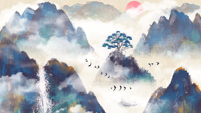 中国风古典山水国画装饰壁画墙贴玄关挂画