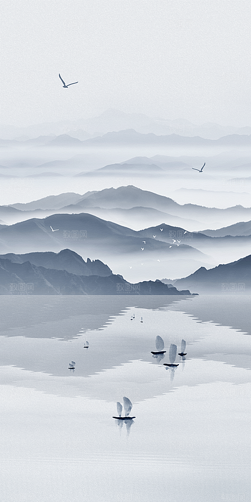 中国风古典山水国画装饰壁画墙贴玄关挂画