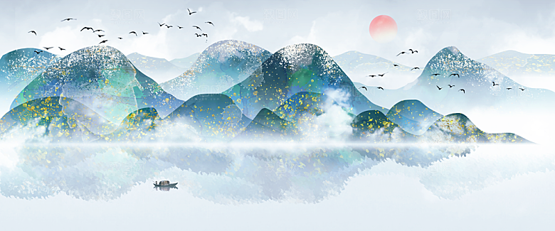 中国风古典山水国画装饰壁画墙贴玄关挂画