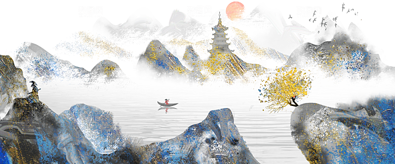 中国风古典山水国画装饰壁画墙贴玄关挂画