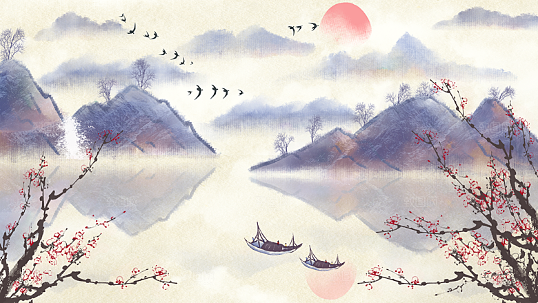 中国风古典山水国画装饰壁画墙贴玄关挂画
