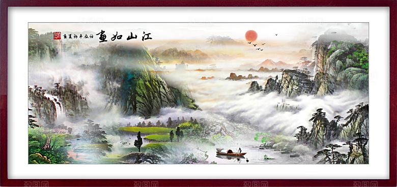 中国风古典山水国画装饰壁画墙贴玄关挂画