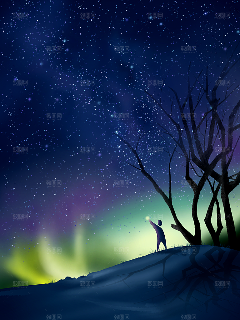 梦幻治愈唯美现代灯光夜景插画背景