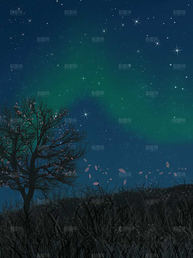 梦幻治愈唯美现代灯光夜景插画背景