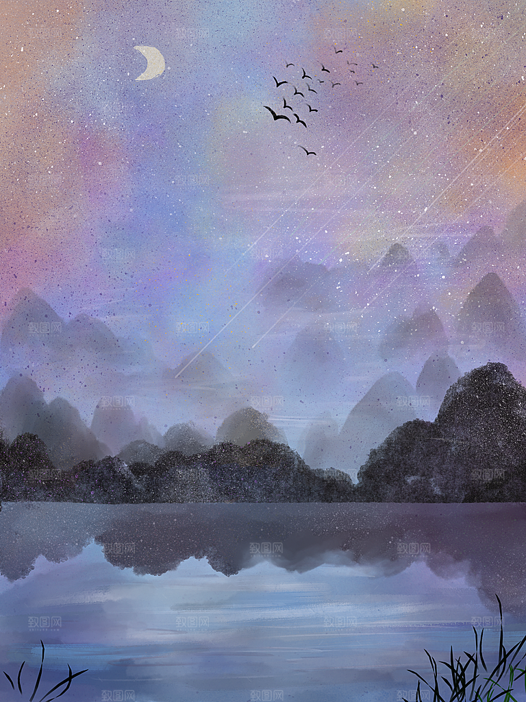 梦幻治愈唯美现代灯光夜景插画背景