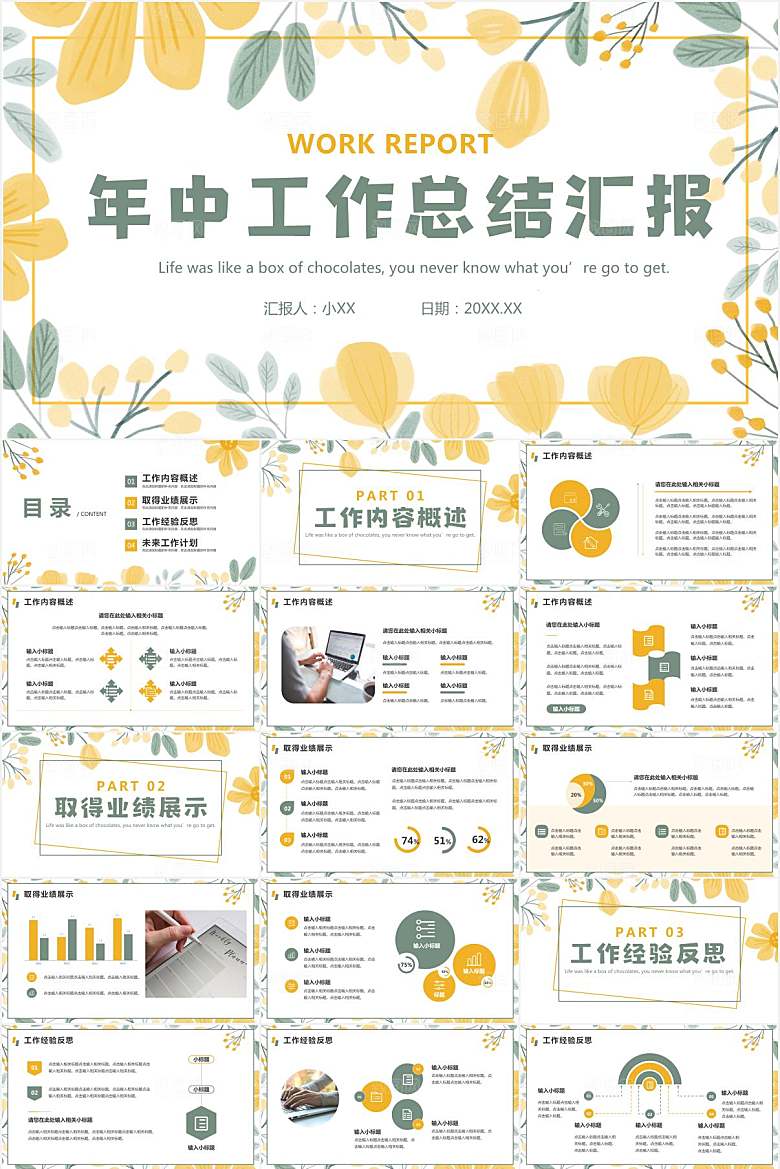黄色小清新年中工作总结汇报ppt