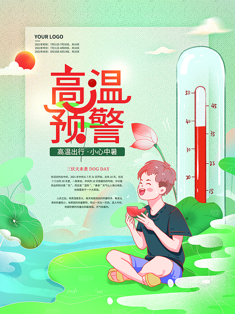 手绘三伏天高温预警海报