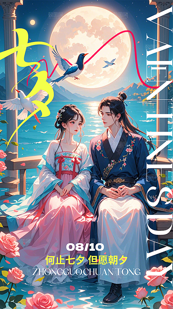 七夕情人节中国风简约手机海报