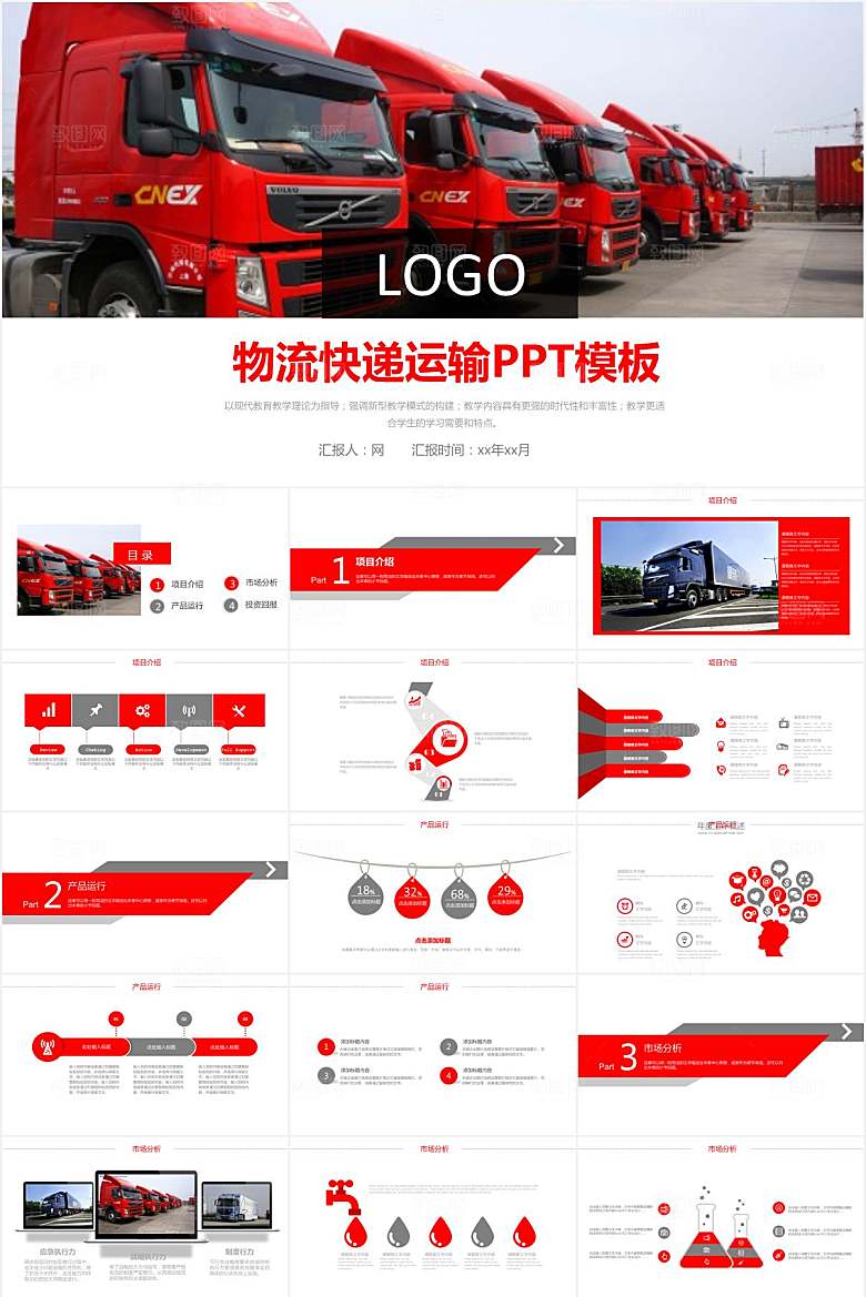 红色简约快递物流ppt