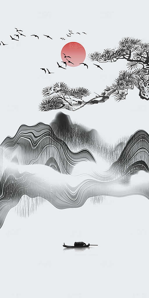 中国风古风水墨山川河流装饰背景