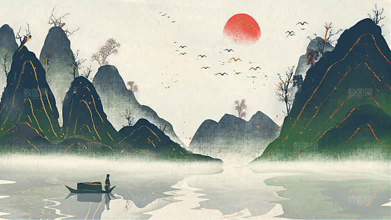 中国风古风水墨山川河流装饰背景
