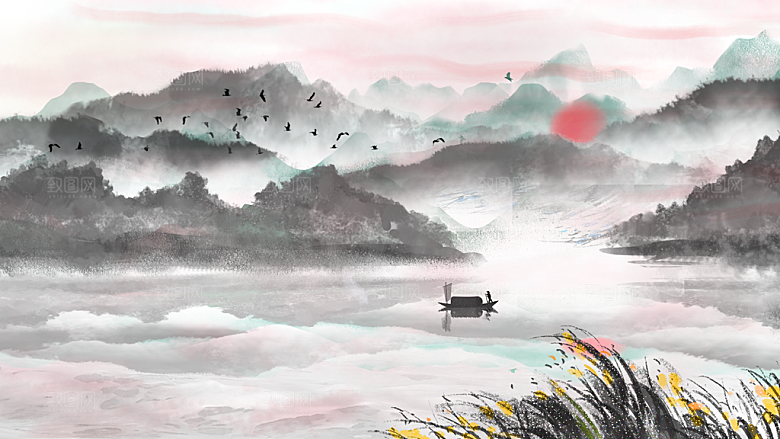 中国风古风水墨山川河流装饰背景