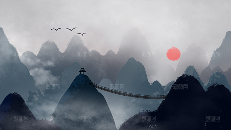 中国风古风水墨山川河流装饰背景