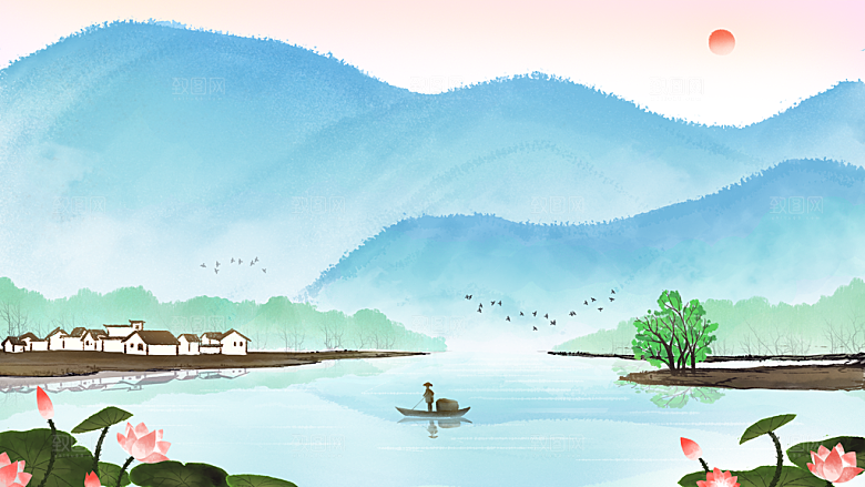 中国风古风水墨山川河流装饰背景